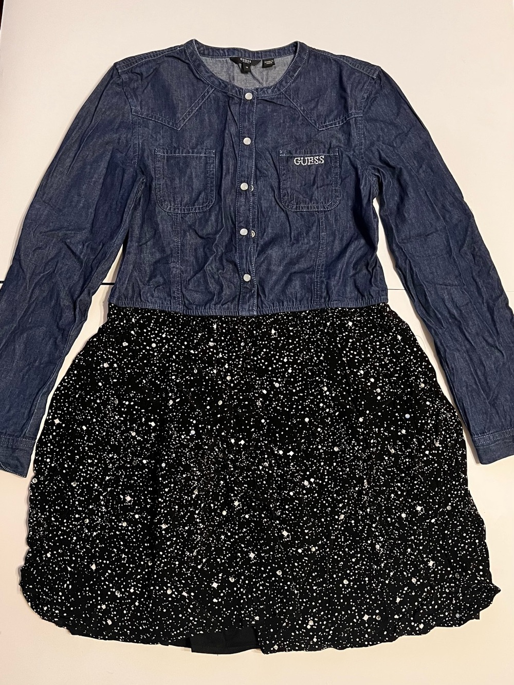 GUESS Navy Denim Button-Front Dress Black Star-Speckled bottom  Size  12